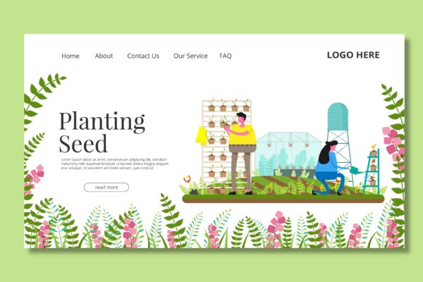 农场耕种主题矢量插画网站着陆页设计第一素材精选模板 Seeding Garden – Landing Page