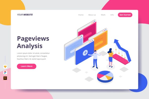 页面浏览网站数据分析矢量插画着陆页设计蚂蚁素材精选模板 Pageviews Analysis – Landing Page