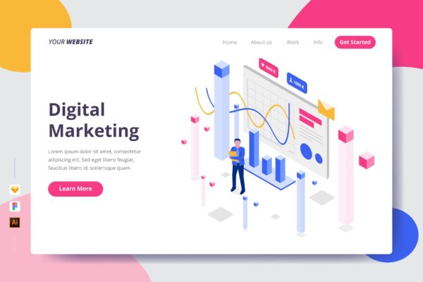 数字营销矢量插画网站着陆页设计蚂蚁素材精选模板 Digital Marketing – Landing Page