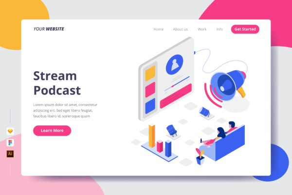 流媒体播客主题插画网站着陆页设计蚂蚁素材精选模板 Stream Podcast – Landing Page