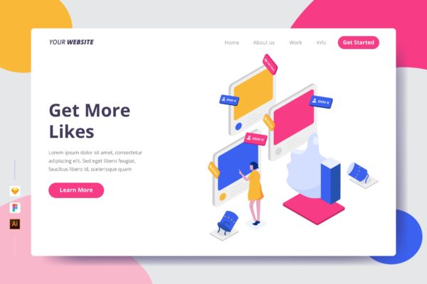 社交点赞矢量插画主题网站着陆页模板 Get More Likes – Landing Page