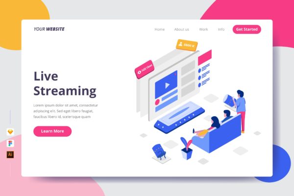 直播主题矢量插画网站着陆页设计蚂蚁素材精选模板 Live Streaming – Landing Page