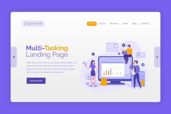 多任务处理矢量插画网站Banner&着陆页设计蚂蚁素材精选模板 Digimark – Hero Banner Landing Page Template