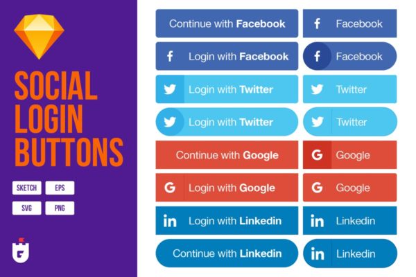 社交媒体登录按钮设计SKETCH素材 Social Login Buttons for Sketch