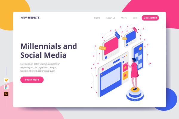 千禧一代&社交媒体矢量插画网站着陆页设计蚂蚁素材精选模板 Millennials and Social Media – Landing Page