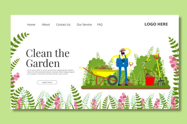 园丁主题矢量插画网站着陆页设计第一素材精选模板 Gardener – Landing Page
