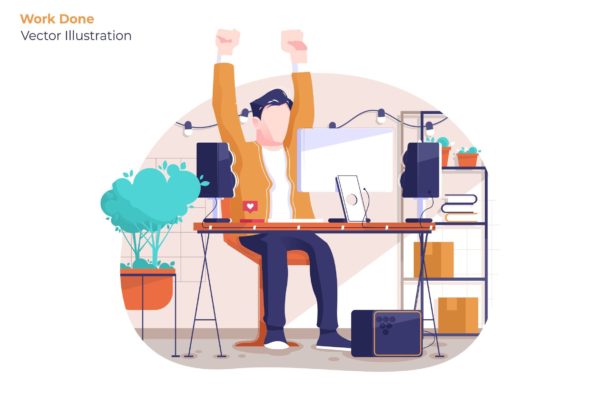 任务完成办公室场景矢量插画 Work Done – Vector Illustration