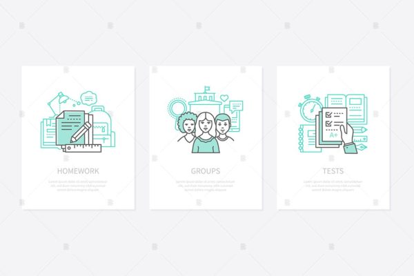 创意学生任务主题线条艺术图标插画素材 Homework assignment, task concept icons set