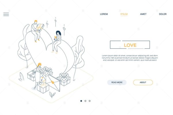 情人节-线条艺术等距网页横幅Banner设计模板 Valentines Day – linear isometric web banner