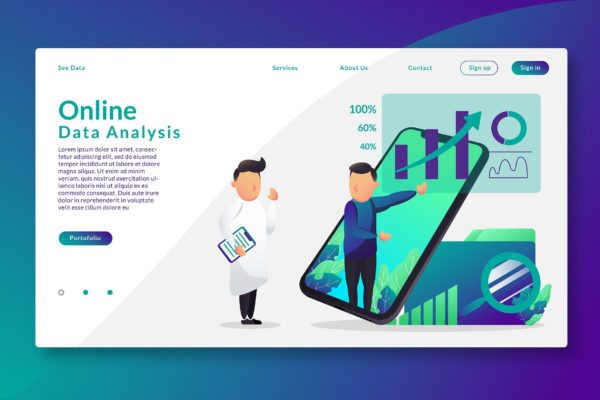 在线数据分析工具网站设计矢量插画素材 Online Data Analysis – Web Header & Vector GR