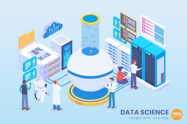 数据科学等距矢量蚂蚁素材精选概念插画v2 Isometric Data Science Vector Concept