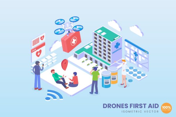 无人机急救主题等距矢量第一素材精选概念插画 Isometric Drone First Aid Vector Concept