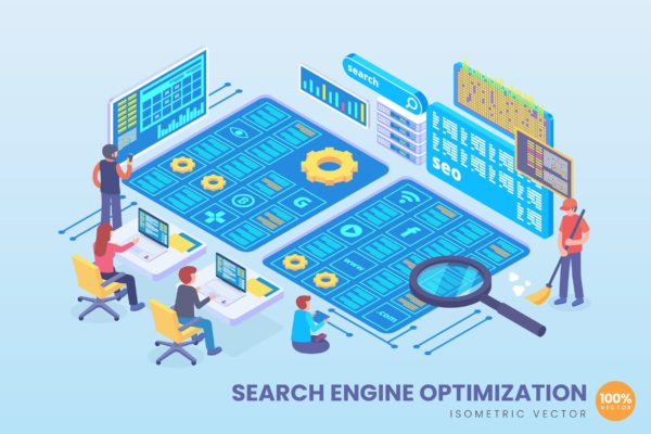 SEO搜索引擎优化技术等距矢量科技蚂蚁素材精选概念插画v2 Isometric Search Engine SEO Vector Concept