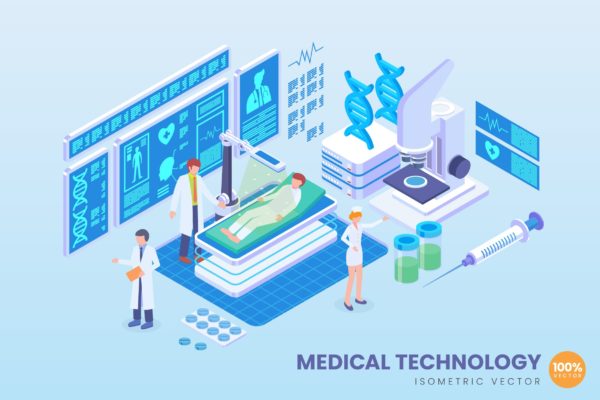 新型医学技术等距矢量科技蚂蚁素材精选概念插画v1 Isometric Medical Technology Vector Concept