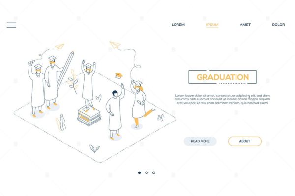 毕业第一素材精选概念插画线性等距网页横幅设计模板 Graduation concept – linear isometric web banner