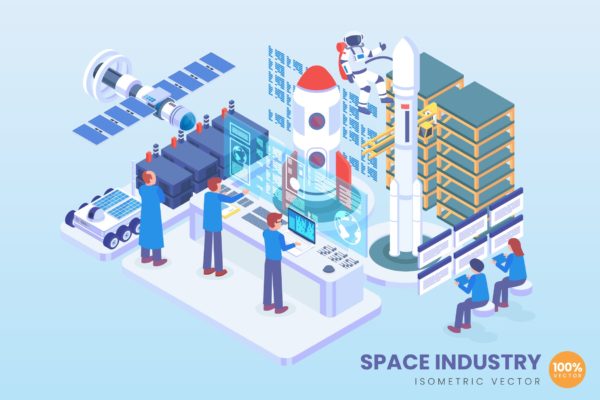 太空工业主题等距矢量科技蚂蚁素材精选概念插画v2 Isometric Space Industry Vector Concept