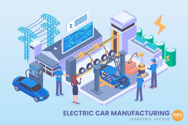 电动车制造技术等距矢量科技第一素材精选概念插画v2 Isometric Electric Car Manufacturing Vector