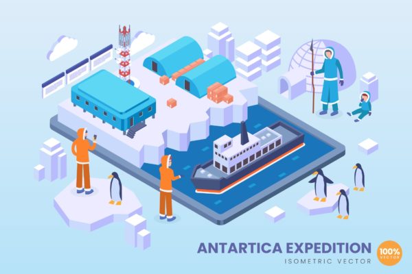 南极探险队主题等距矢量第一素材精选科技概念插画 Isometric Antartica Expedition Vector Concept