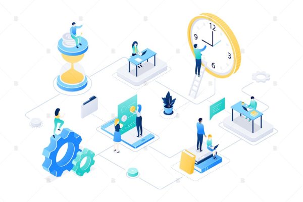 时间管理主题彩色等距第一素材精选概念插画素材 Time management – colorful isometric illustration