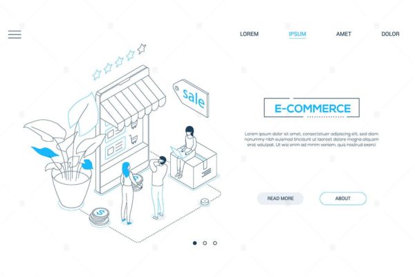 电子商务-线条艺术等距网页横幅Banner设计模板 E-commerce – line design style isometric banner