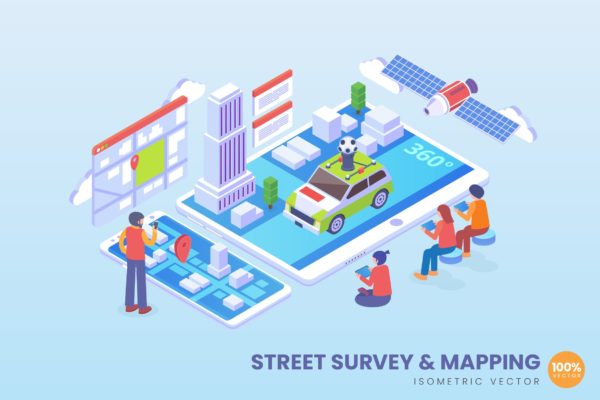 街道测量与地图绘制技术等距矢量科技第一素材精选概念插画 Isometric Street Survey And Mapping Vector Concept