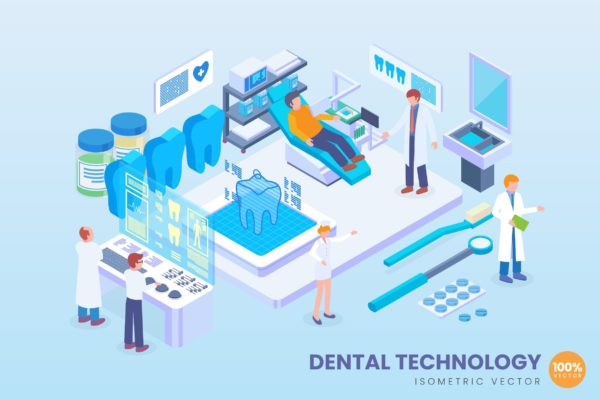 现代牙科技术等距矢量科技第一素材精选概念插画 Isometric Dental Technology Vector Concept