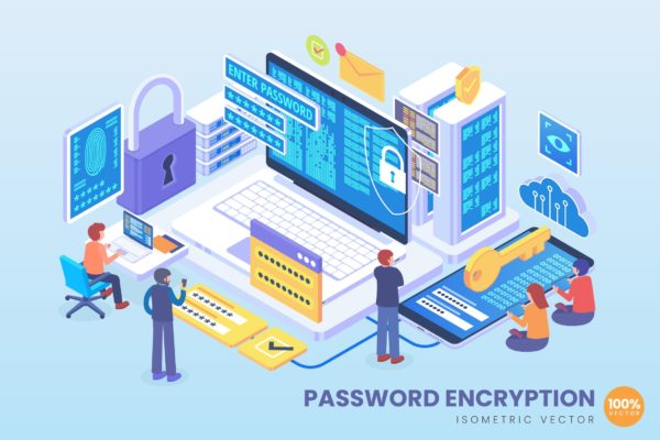 密码保护技术等距矢量科技蚂蚁素材精选概念插画 Isometric Password Encryption Technology Vector