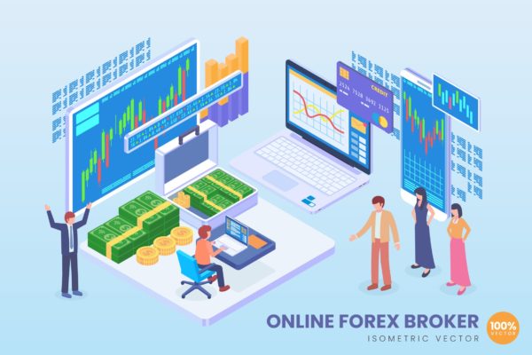 在线外汇经纪人等距矢量第一素材精选科技概念插画 Isometric Online Forex Broker Vector Concept