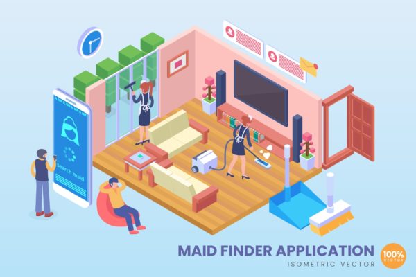 女佣家政服务APP等距矢量蚂蚁素材精选科技概念插画 Isometric Maid Finder Application Vector Concept