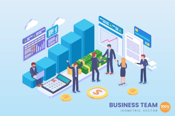 业务团队建设主题等距矢量第一素材精选概念插画 Isometric Business Team Vector Concept