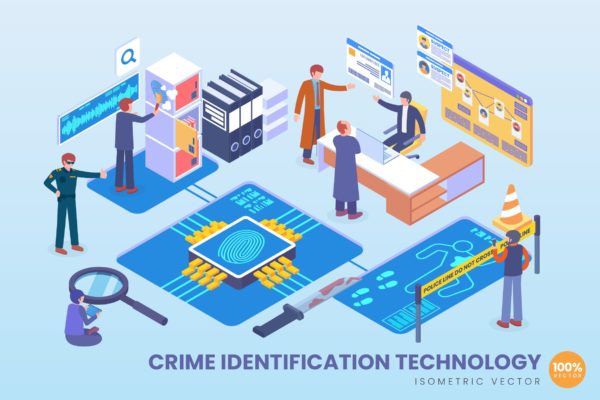 犯罪识别技术等距矢量蚂蚁素材精选科技概念插画v2 Isometric Crime Identification Technology Vector