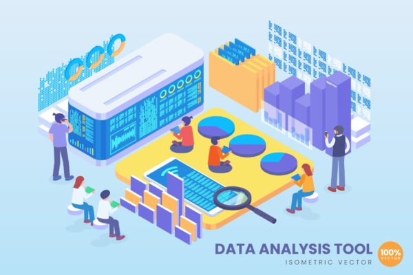 数据分析工具等距矢量蚂蚁素材精选科技概念插画 Isometric Data Analysis Tool Vector Concept