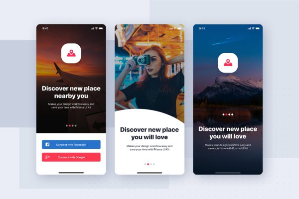 摄影社交APP应用引导页设计模板 3 Walkthrough screens for mobile app