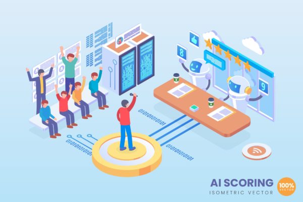 人工智能自动评分主题等距矢量蚂蚁素材精选概念插画 Isometric AI Automated Scoring Vector Concept