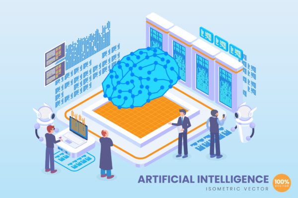 未来人工智能技术等距矢量科技第一素材精选概念插画v1 Isometric Artificial Intelligence Vector Concept