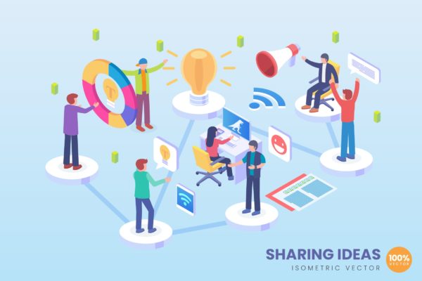 商业理念共享主题等距矢量第一素材精选概念插画 Isometric Business Ideas Sharing Vector Concept