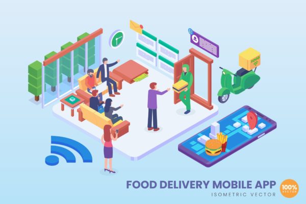 新型快餐配送技术等距矢量科技第一素材精选概念插画v1 Isometric Food Delivery Vector Concept