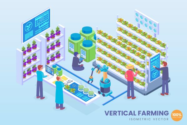 垂直耕作技术主题等距矢量蚂蚁素材精选科技概念插画 Isometric Vertical Farming Technology Vector