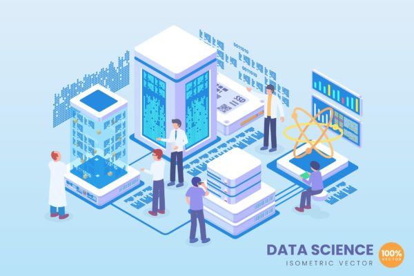 数据科学等距矢量科技插画v1 Isometric Data Science Vector Concept