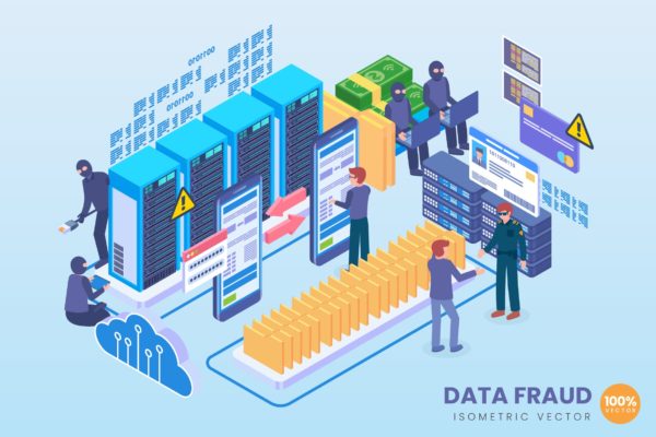 数据欺诈技术等距矢量第一素材精选科技概念插画 Isometric Data Fraud Technology Vector Concept