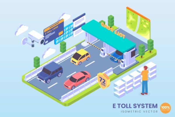 收费系统技术等距矢量蚂蚁素材精选科技概念插画 Isometric E Toll System Technology Vector Concept