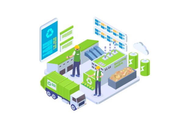 绿色环保回收工厂等距矢量插画素材 Recycle Plant Factory Isometric Vector