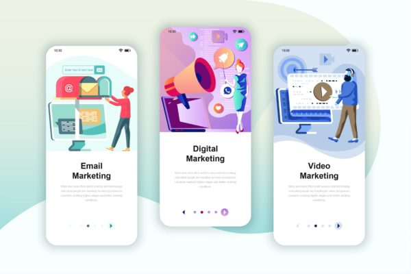 视频/电子邮件/数字营销主题第一素材精选概念插画APP引导页模板 Instagram Stories Onboarding Screens Mobile App