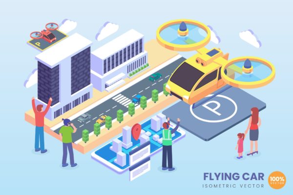 飞行器技术等距矢量第一素材精选科技概念插画 Isometric Flying Car Technology Vector Concept