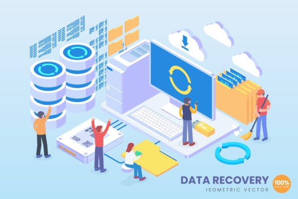 数据恢复技术等距矢量科技第一素材精选概念插画v1 Isometric Data Recovery Vector Concept