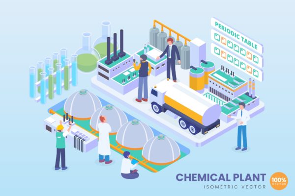 创新型化工厂等距矢量科技蚂蚁素材精选概念插画v2 Isometric Chemical Plant Vector Concept