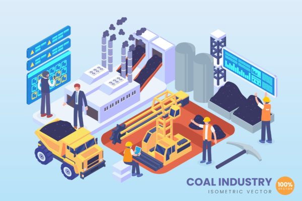 现代化煤矿工业等距矢量科技第一素材精选概念插画v2 Isometric Coal Industry Vector Concept