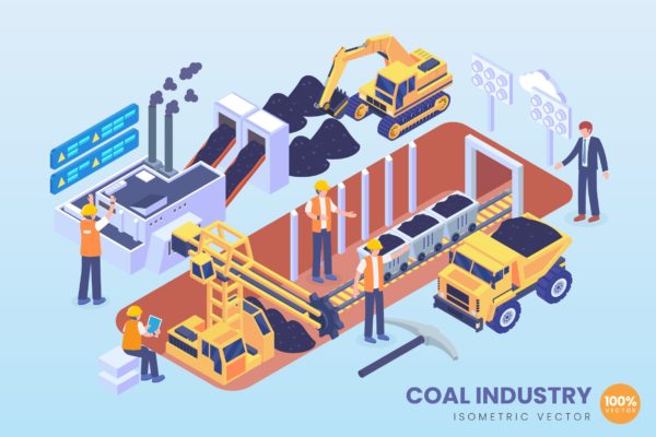 现代化煤矿工业等距矢量科技蚂蚁素材精选概念插画v1 Isometric Coal Industry Vector Concept