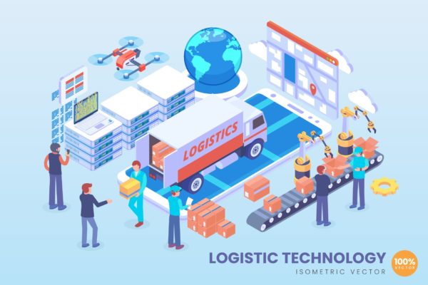 智能物流技术等距矢量科技蚂蚁素材精选概念插画v1 Isometric Logistic Technology Vector Concept