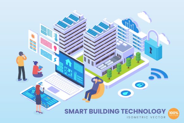 智能建筑技术等距矢量科技蚂蚁素材精选概念插画v1 Isometric Smart Building Technology Vector Concept